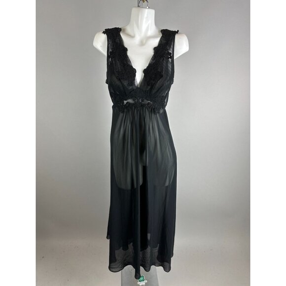Vtg 90s Y2k Flora Nikrooz Black Semi Sheer Lace Ties Nylon Nightgown Size Large - Picture 3 of 6